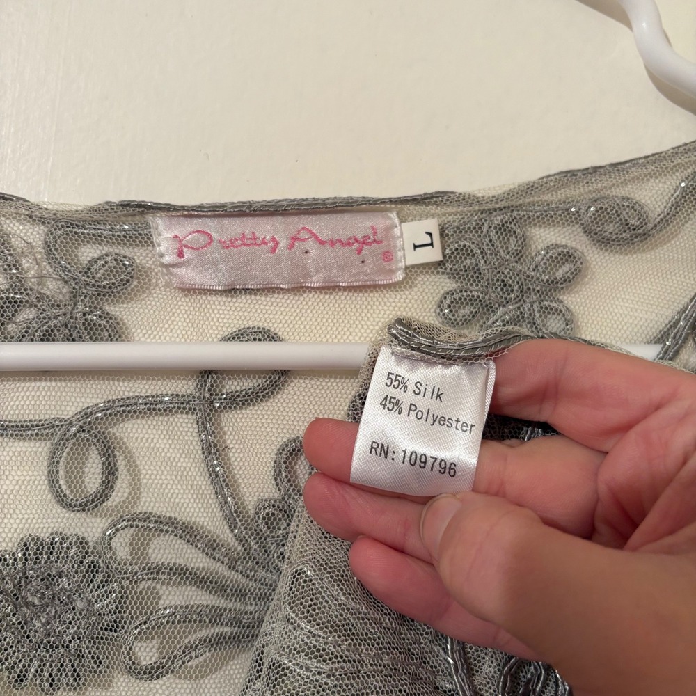 Fairycore Whimsigoth Silk Blend Mesh Cardigan Top Silver Floral Embroidered Sz L - Picture 4 of 5